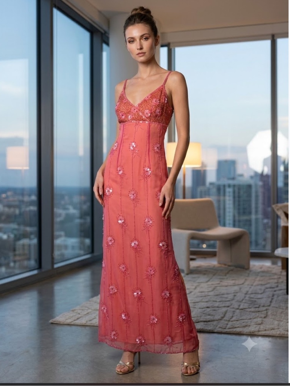 Papell Boutique Evening | Pink/Coral Beaded Gown | 8